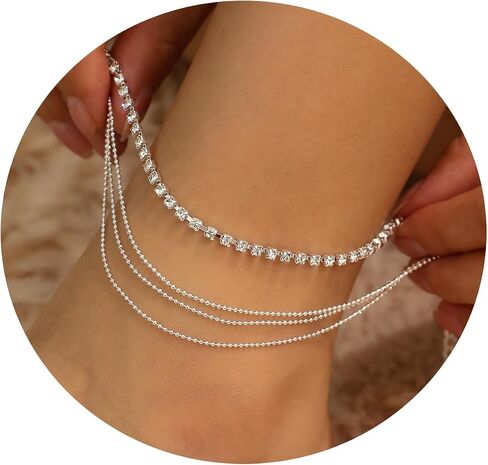 sjmygudgo Ankle Bracelets for Women 14k Gold Plated Silver Anklets for Women Beaded Anklets Set Summer Beach Anklets for Women Teen Girls Gold Jewelry Gifts in Saudi Arabia