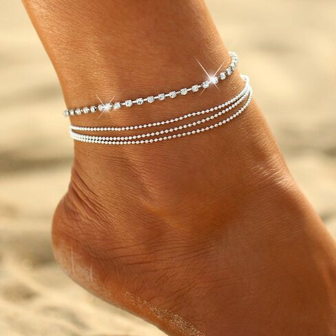 sjmygudgo Ankle Bracelets for Women 14k Gold Plated Silver Anklets for Women Beaded Anklets Set Summer Beach Anklets for Women Teen Girls Gold Jewelry Gifts in Saudi Arabia