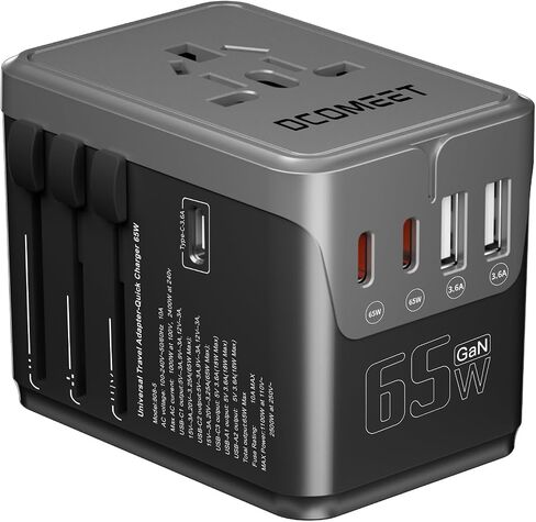 محول السفر العالمي مع 3 منافذ USB C (65W PD شحن سريع) و 2 USB A PORTS (QC3.0) - شاحن الطاقة الدولي للولايات المتحدة الأمريكية ، الاتحاد الأوروبي ، المملكة المتحدة ، الاتحاد الأفريقي ، آسيا - شاحن الجدار الصغرى العالمي in Saudi Arabia