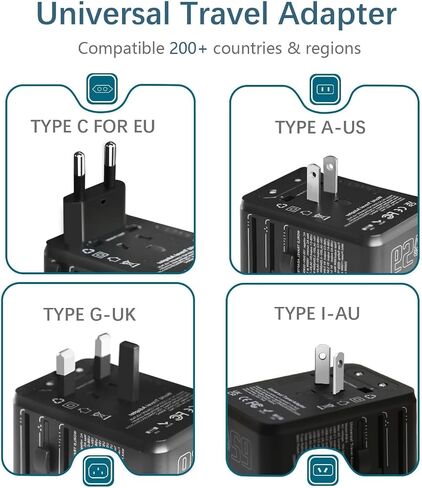 محول السفر العالمي مع 3 منافذ USB C (65W PD شحن سريع) و 2 USB A PORTS (QC3.0) - شاحن الطاقة الدولي للولايات المتحدة الأمريكية ، الاتحاد الأوروبي ، المملكة المتحدة ، الاتحاد الأفريقي ، آسيا - شاحن الجدار الصغرى العالمي in Saudi Arabia