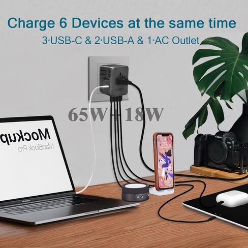 محول السفر العالمي مع 3 منافذ USB C (65W PD شحن سريع) و 2 USB A PORTS (QC3.0) - شاحن الطاقة الدولي للولايات المتحدة الأمريكية ، الاتحاد الأوروبي ، المملكة المتحدة ، الاتحاد الأفريقي ، آسيا - شاحن الجدار الصغرى العالمي in Saudi Arabia