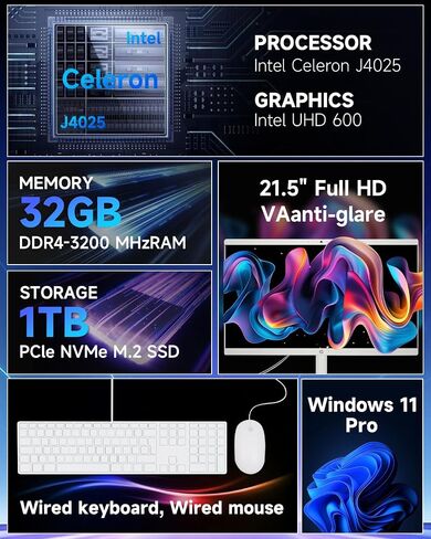 HP 21.5'' All-in-One Desktop PC - Intel Celeron J4025 Processor, 21.5'' FHD Anti-Glare Display, 32GB RAM, 2TB SSD, Wi-Fi 6, Windows 11 Pro, Wired Keyboard & Mouse in Saudi Arabia
