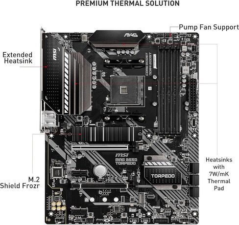 MSI MAG B550 Torpedo Gaming Mameing (AMD AM4 ، DDR4 ، PCIE 4.0 ، SATA 6GB/S ، DUAL M.2 ، USB 3.2 GEN 2 ، HDMI/DP ، ATX ، AMD RYZEN 5000 Series معالجات) (متجددة) in Kuwait