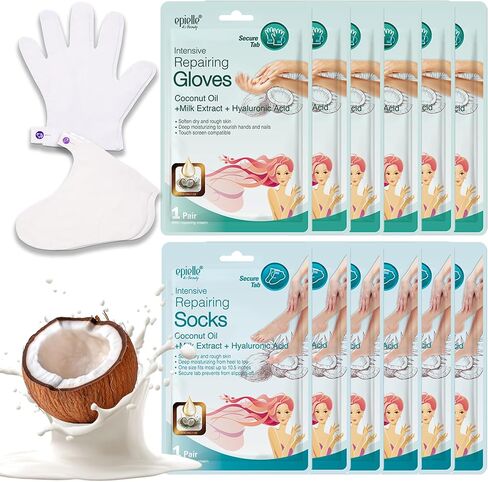 Epielle Intensive Repairing Masks for Hand and Foot (Glove & Socks-12pk) Dry Hand, Dry & Cracked Heel to toe Spa Masks Coconut Oil + Milk Extract,Mothers Day GIfts in Kuwait