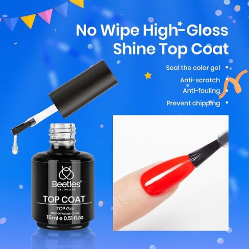 Beetles 2 Pcs 15ml No Wipe Gel Top Coat and Base Coat Set - Shine Finish and Long Lasting, Soak Off LED Nail Lamp Gel Base Top Coat Finish Nail Art Design Manicure Gifts for Women in Kuwait