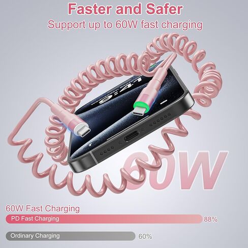 Coiled USB C to USB C Cable, Coiled USB C Charger Cable for CarPlay and Android Auto, Coiled Android Auto Cable for iPhone 16/15/Plus/Pro/Pro Max/Samsung Galaxy S23 in Saudi Arabia