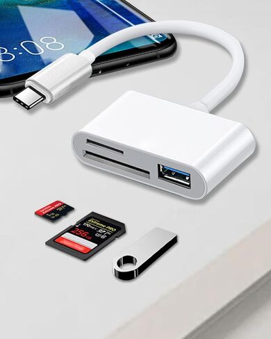 قارئ بطاقة SD/TF ، متوافق مع أجهزة iPhone و Android ، المنافذ المزدوجة Lightning و USB-C ، محول OTG متعدد الوظائف ، التوصيل والتشغيل (أبيض) in Kuwait