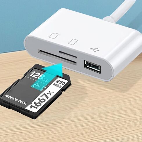 قارئ بطاقة SD/TF ، متوافق مع أجهزة iPhone و Android ، المنافذ المزدوجة Lightning و USB-C ، محول OTG متعدد الوظائف ، التوصيل والتشغيل (أبيض) in Kuwait