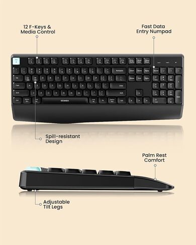 seenda Bluetooth Keyboard and Mouse, USB + Bluetooth Multi Device, Ergonomic Keyboard Mouse Set, Full-Size Wireless Combo Compatible for Mac OS/Windows PCs Computers Laptops MacBooks - Green Button in Kuwait