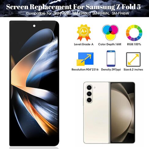 Original for Samsung Z Fold 5 5G Screen Replacement for Samsung Galaxy Fold 5 5G SM-F946U F946B F946W F946A Digitizer Touch Screen Display Assembly Repair Kits(Black) in Saudi Arabia