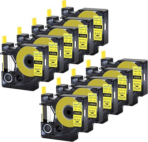 10 حزمة ملصقات متوافقة مع الشريط استبدال Dymo 18056 12mm 1/2 "× 5 قدم أسود على ملصقات أنبوب تقلص الحرارة الأصفر للكابلات استخدام مع Rhino 3000 4200 5200 5000 6000 صانع الملصقات الصناعية in Kuwait
