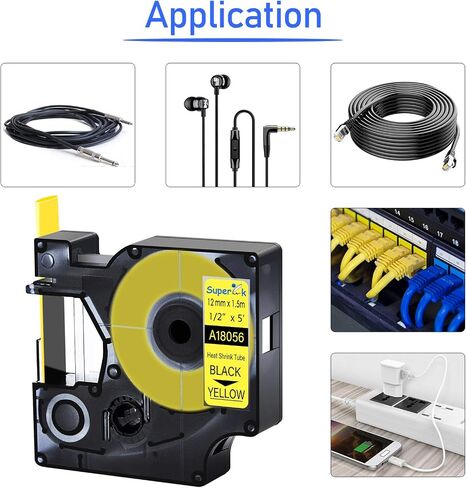 10 حزمة ملصقات متوافقة مع الشريط استبدال Dymo 18056 12mm 1/2 "× 5 قدم أسود على ملصقات أنبوب تقلص الحرارة الأصفر للكابلات استخدام مع Rhino 3000 4200 5200 5000 6000 صانع الملصقات الصناعية in Kuwait