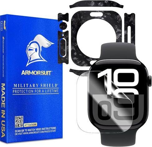 ArmorSuit for Apple Watch Series 10 46mm Black Forged Carbon Gloss Vinyl Skin + Clear 6 Pack Screen Protector Film - Made in USA in Saudi Arabia