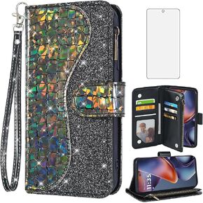 Asuwish Phone Case for Motorola Moto G 5G 2025 Wallet Cover with Screen Protector and Wrist Strap Bling Glitter Leather Flip Zipper Credit Card Holder Slot Stand Cell Moto G 2025 Women Girls Pink in Kuwait