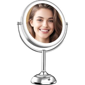 VESAUR 10" Extra Large and 17" Tall Lighted Makeup Mirror, 1X/5X Magnifying Vanity Mirror with 3 Colors Dimmable Light, 52 Premium LED Lights, 360° Rotation Table Mirror 2 Power Supply, Pearl Nickel in Kuwait