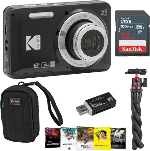 كاميرا رقمية تكبير صديقة للبيئة من Kodak PIXPRO FZ55، حزمة مع بطاقة ذاكرة 32 جيجابايت، حقيبة كاميرا، حامل ثلاثي القوائم، برنامج تحرير الصور، قارئ بطاقات (أزرق) in Kuwait