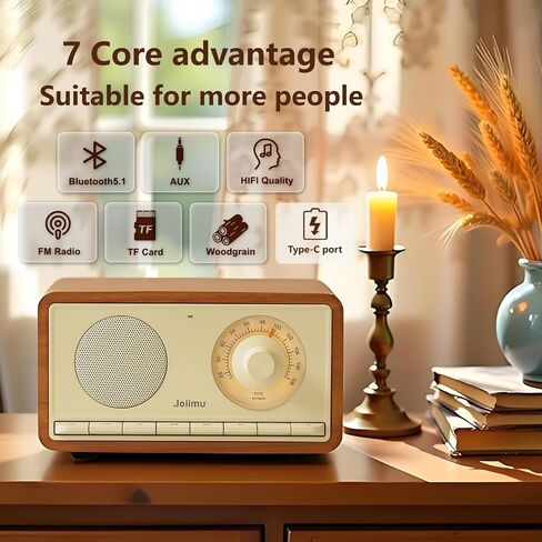 مكبر صوت بلوتوث Radio Vintage ، 2600 مللي أمبير في الساعة راديو قابلة لإعادة الشحن مع هوائي FM مدمج للمطبخ المنزلي وغرفة معيشة مع مقبض دوار in Saudi Arabia