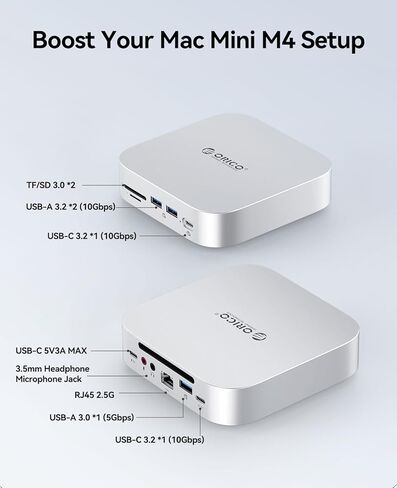 Orico Minilink Mac Mini M4 Dock & Stand ، 2 × 10 جيجابت في الثانية من المنافذ USB 3.2 ، 10 جيجابت في الثانية USB C ، USB A 3.0 ، 2.5G Ethernet Port ، SD/TF ، مقبس سماعة الرأس 3.5 ملم ، مقبس ميكروفون ، متوافق مع MAC MINI M4/M4 PRO (M48PR) in Kuwait
