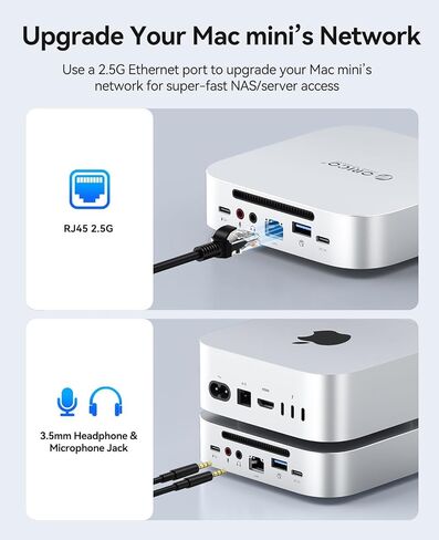 Orico Minilink Mac Mini M4 Dock & Stand ، 2 × 10 جيجابت في الثانية من المنافذ USB 3.2 ، 10 جيجابت في الثانية USB C ، USB A 3.0 ، 2.5G Ethernet Port ، SD/TF ، مقبس سماعة الرأس 3.5 ملم ، مقبس ميكروفون ، متوافق مع MAC MINI M4/M4 PRO (M48PR) in Kuwait
