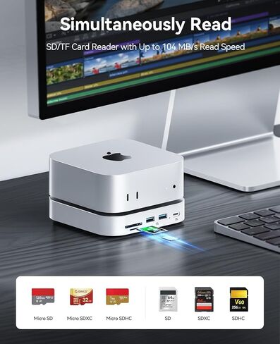 Orico Minilink Mac Mini M4 Dock & Stand ، 2 × 10 جيجابت في الثانية من المنافذ USB 3.2 ، 10 جيجابت في الثانية USB C ، USB A 3.0 ، 2.5G Ethernet Port ، SD/TF ، مقبس سماعة الرأس 3.5 ملم ، مقبس ميكروفون ، متوافق مع MAC MINI M4/M4 PRO (M48PR) in Kuwait