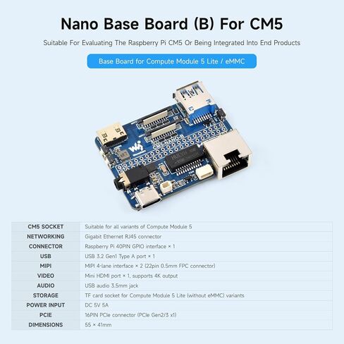 لوحة قاعدة Nano Waveshare (B) ، متوافقة مع وحدة حساب Raspberry PI 5 ، نفس حجم CM5 ، اللوحة الأساسية لحساب الوحدة 5 Lite/EMMC in Kuwait