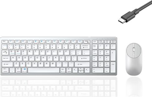 Wireless Bluetooth Rechargeable Keyboard and Mouse Combo. Rechargeable Dual-Mode (Bluetooth 5.0 and 3.0 +2.4G) Multi-Device Silent Mouse for Windows, iPad, Tablet, MacOS,iOS,Android (Silver-White) in Saudi Arabia