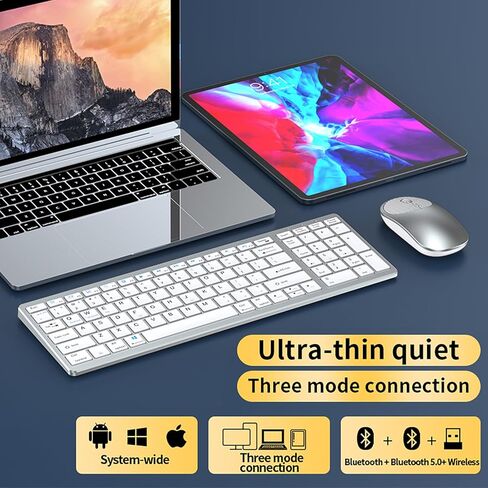 Wireless Bluetooth Rechargeable Keyboard and Mouse Combo. Rechargeable Dual-Mode (Bluetooth 5.0 and 3.0 +2.4G) Multi-Device Silent Mouse for Windows, iPad, Tablet, MacOS,iOS,Android (Silver-White) in Saudi Arabia