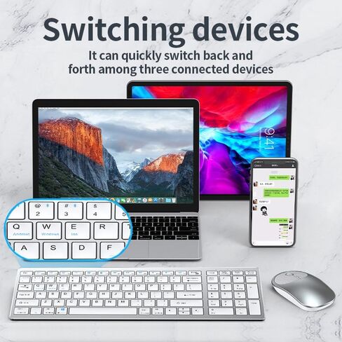 Wireless Bluetooth Rechargeable Keyboard and Mouse Combo. Rechargeable Dual-Mode (Bluetooth 5.0 and 3.0 +2.4G) Multi-Device Silent Mouse for Windows, iPad, Tablet, MacOS,iOS,Android (Silver-White) in Saudi Arabia