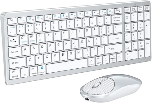 Wireless Bluetooth Rechargeable Keyboard and Mouse Combo. Rechargeable Dual-Mode (Bluetooth 5.0 and 3.0 +2.4G) Multi-Device Silent Mouse for Windows, iPad, Tablet, MacOS,iOS,Android (Silver-White) in Saudi Arabia