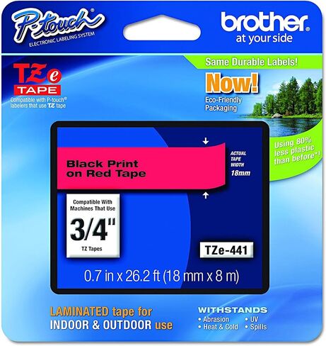 Brother Genuine P-Touch TZE-441 Tape, 3/4" (0.7") Wide Standard Laminated Tape, Black on Red, Laminated for Indoor or Outdoor Use, Water-Resistant, 0.7" x 26.2' (18mm x 8M), Single-Pack, TZE441 (6) in Saudi Arabia