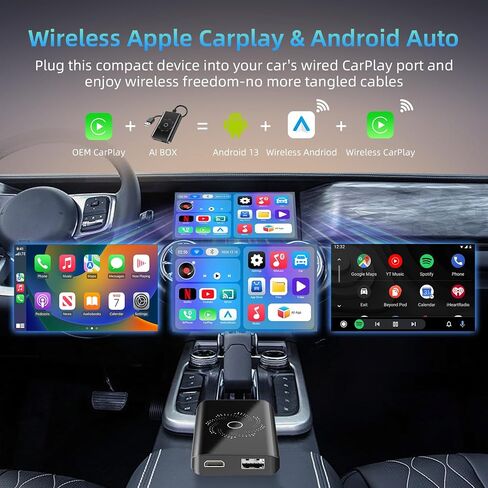 4-in-1 Wireless Carplay Adapter & Android Auto Adapter, Android 13 System, Dual WiFi,Bluetooth 5.4, 4K Video, for Netflix/YouTube, Split-Screen & Mirroring, for OEM Wired CarPlay （4GB RAM+32GB ROM） in Saudi Arabia