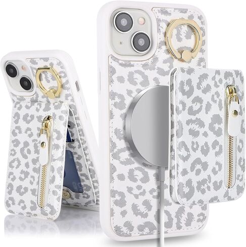 for iPhone 15 Phone case with Card Holder with Compatible magsafe Magnetic, Key Chain PU Leather Flip Kickstand Detachable 2-in-1 Wallet case for Apple15 Women Men-White Leopard in Kuwait