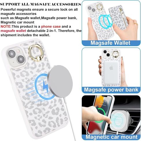 for iPhone 15 Phone case with Card Holder with Compatible magsafe Magnetic, Key Chain PU Leather Flip Kickstand Detachable 2-in-1 Wallet case for Apple15 Women Men-White Leopard in Kuwait