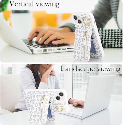 for iPhone 15 Phone case with Card Holder with Compatible magsafe Magnetic, Key Chain PU Leather Flip Kickstand Detachable 2-in-1 Wallet case for Apple15 Women Men-White Leopard in Kuwait