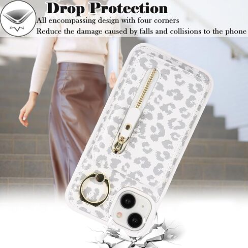 for iPhone 15 Phone case with Card Holder with Compatible magsafe Magnetic, Key Chain PU Leather Flip Kickstand Detachable 2-in-1 Wallet case for Apple15 Women Men-White Leopard in Kuwait