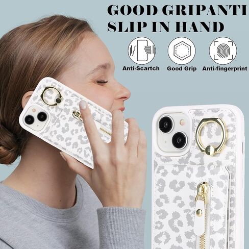 for iPhone 15 Phone case with Card Holder with Compatible magsafe Magnetic, Key Chain PU Leather Flip Kickstand Detachable 2-in-1 Wallet case for Apple15 Women Men-White Leopard in Kuwait