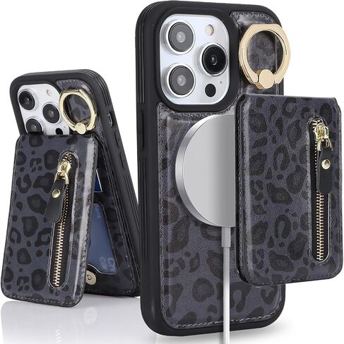 for iPhone 15 Phone case with Card Holder with Compatible magsafe Magnetic, Key Chain PU Leather Flip Kickstand Detachable 2-in-1 Wallet case for Apple15 Women Men-White Leopard in Kuwait