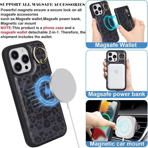for iPhone 15 Phone case with Card Holder with Compatible magsafe Magnetic, Key Chain PU Leather Flip Kickstand Detachable 2-in-1 Wallet case for Apple15 Women Men-White Leopard in Kuwait