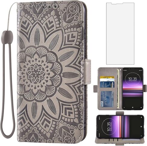 Asuwish Phone Case for Sony Xperia 1 with Tempered Glass Screen Protector and Flower Leather Wallet Flip Cover Credit Card Holder Stand Cell Accessories Experia One 2019 Boys Girls Women Men Grey in Saudi Arabia
