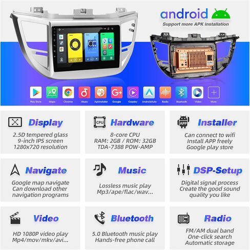 لراديو Tucson تم تحديثه المتوافق مع Carplay Wireless Android Auto ، شاشة اللمسات الشاشة التي تعمل باللمس بالسيارة ، GPS FM AM Camera Backup Camera 8Croe (For2016-2018) in Kuwait