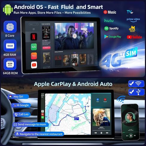 11.5" Car Stereo with Apple CarPlay, 2K Single Din Radio 4G+64G Android Auto Touch Screen,8 Core Wireless Car Play Audio Receivers Head Unit Display with Bluetooth/4G LTE/DSP/SWC/Mirror Link in Saudi Arabia