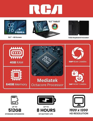 RCA 10 "Tablet Mediatek MT8781/G99 ، Octa Core ، تخزين ذاكرة 4 جيجابايت 64 جيجابايت ، كاميرا أمامية 2 ميجابكسل ، كاميرا خلفية 5 ميجابكسل ، Android 14 ، لوحة المفاتيح in Kuwait