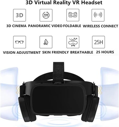 VR Headset Virtual Reality Glasses for iPhone and Android Phones, Foldable 3D VR Goggles Set Bundle with Bluetooth Headphones for Both Adults and Kids Play 3D VR Games Movies, Black in Saudi Arabia
