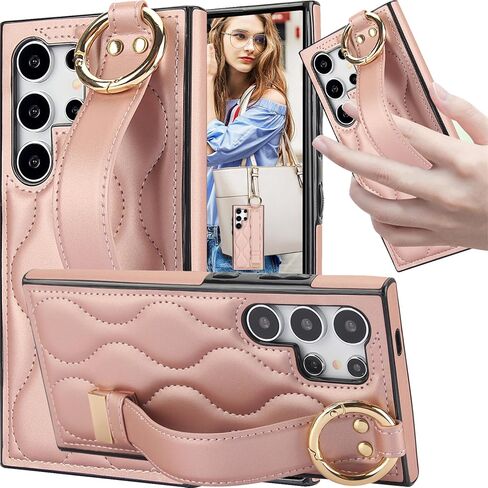 تغطية ل Samsung Galaxy S25 Ultra مع شريط معصم قابل للتعديل ، و PU Leather Case مع سلسلة مفاتيح حلقة الأصابع لـ Samsung S25 Ultra ZHD-Black in Kuwait