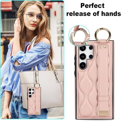 تغطية ل Samsung Galaxy S25 Ultra مع شريط معصم قابل للتعديل ، و PU Leather Case مع سلسلة مفاتيح حلقة الأصابع لـ Samsung S25 Ultra ZHD-Black in Kuwait