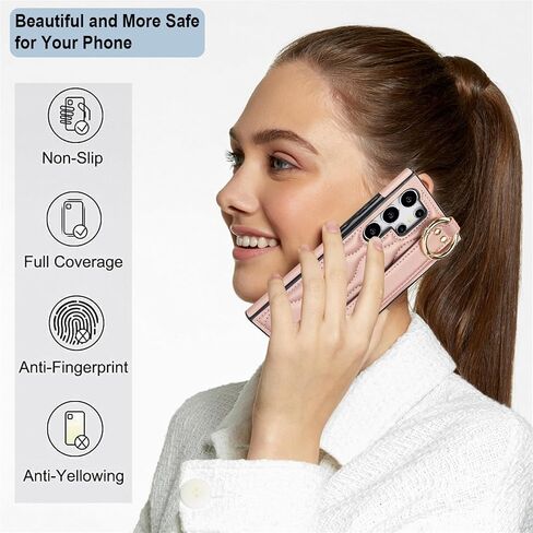 تغطية ل Samsung Galaxy S25 Ultra مع شريط معصم قابل للتعديل ، و PU Leather Case مع سلسلة مفاتيح حلقة الأصابع لـ Samsung S25 Ultra ZHD-Black in Kuwait