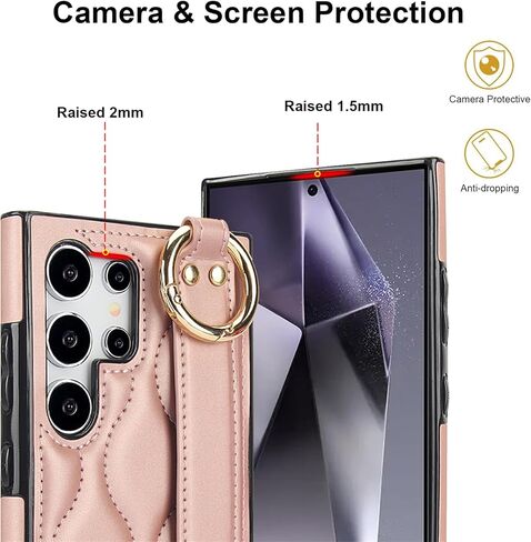 تغطية ل Samsung Galaxy S25 Ultra مع شريط معصم قابل للتعديل ، و PU Leather Case مع سلسلة مفاتيح حلقة الأصابع لـ Samsung S25 Ultra ZHD-Black in Kuwait