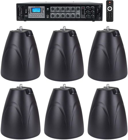 Rockville Bundle RCS180-6 180 WATT 6 Zone 70V Commercial/AMP/Bluetooth Bundle مع (6) Pen-65t Black 6.5 "70V Hanging Pendant Speaker (7 أشياء) in Saudi Arabia