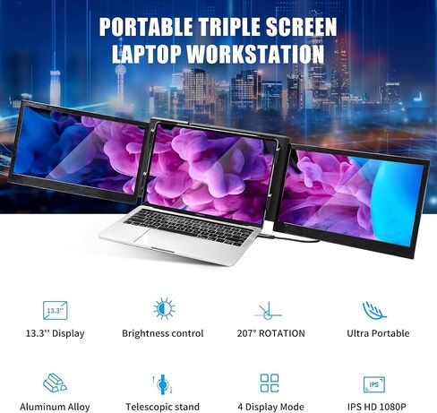 Alecewey Laptop Screen Screen Extender 14 Inch Triple Portable Laptop Monitor Afternment FHD 1080p شاشة إضافية لأجهزة الكمبيوتر المحمولة 13-17 'مع Windows Chrome Mac in Kuwait