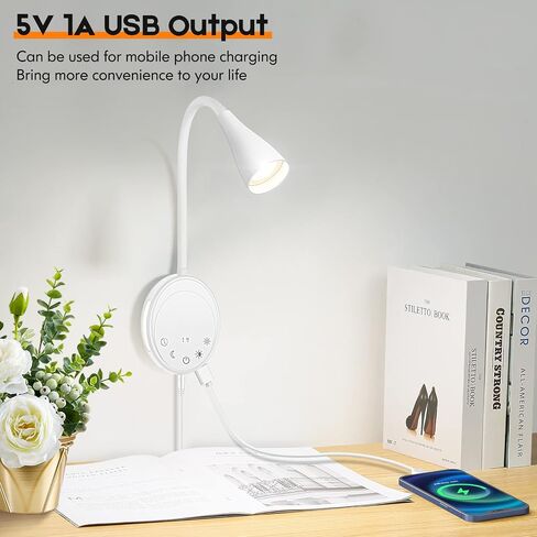LED Wall Mounted Reading Light, Book Light for Reading in Bed with Touch Control, 5 Dimmable, USB Output, Night Light & Timers Function, Flexible Gooseneck Headboard Bed Lights (White) in Saudi Arabia